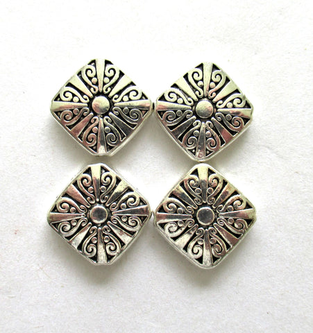 Antique Tibetan style - silver tone metal alloy beads - 16mm square beads - large ornate diamond shaped focal beads - 6 pieces - C00301