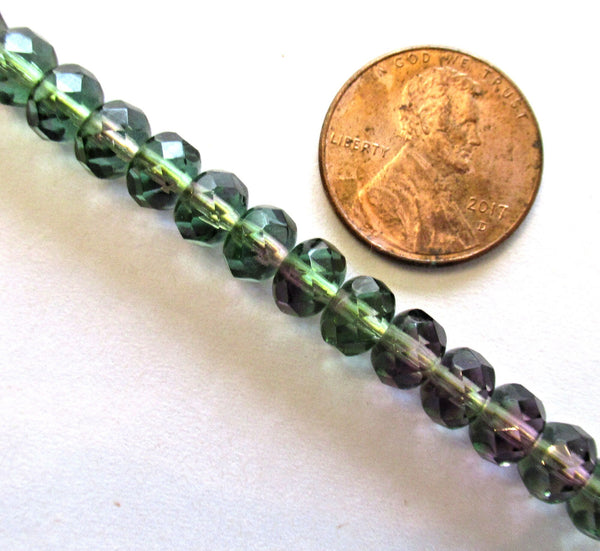 25 5 x 7mm Czech glass puffy rondelles - multicolored mix of transparent purple & green faceted fire polished rondelle beads - C00051