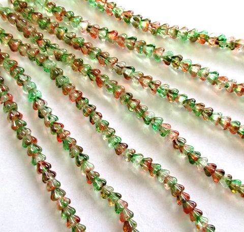 50 Czech glass baby bell flower beads - Peach / Pear - orange & green mix - pressed glass bellflower beads - 4 x 6mm - C00311