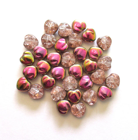 Ten Czech glass heart beads - 11mm pink crackle glass hearts with a pink / gold vitrail finish - C0049