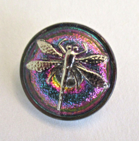 One 18mm Czech glass dragonfly button - iridescent pink blue & green glass with a silver dragonfly - decorative shank buttons - 00562