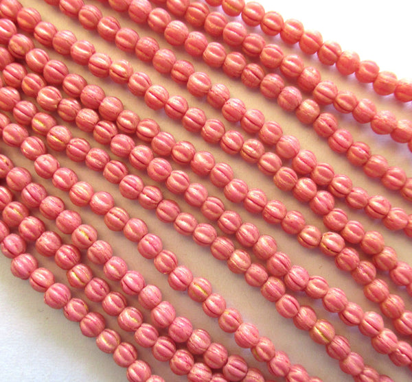 100 3mm Czech glass melon beads - pacifica watermelon opaque matte pink pressed glass beads - C00701