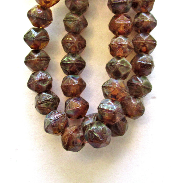 20 8mm Czech glass faceted English cut beads - topaz brown with a full picasso finish - rustic earthy beads - C00051