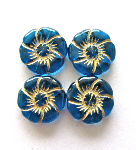 Two large 22mm Czech glass flower beads - transparent capri blue beads with gold accents - pressed focal or statement beads - 00011