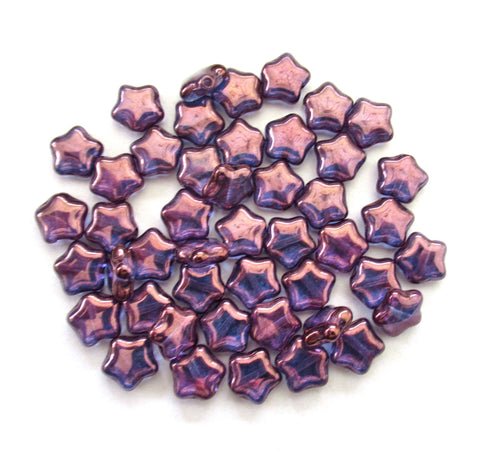 25 8mm small Czech glass star beads - lumi amethyst purple luster pressed glass beads - C0067