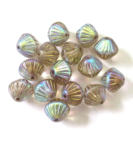 Five Czech glass bicones - 11mm x 10mm - crystal clear ab with gold accents - carved chunky rustic bicone beads C0076