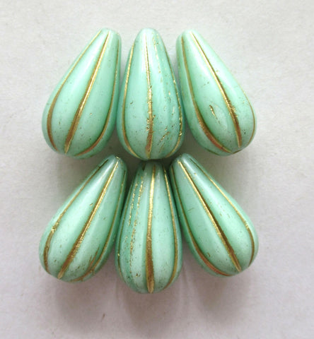 Six large Czech glass teardrop melon beads - mint green w/ gold accents - 22 x 11mm tear drop beads 00391