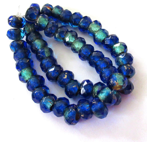 Ten faceted Czech glass roller or rondelle beads - sapphire & aqua blue gold lined - 9 x 6mm - big 3mm holes - big hole donut beads 00911