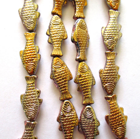 lot of 4 large Czech glass fish beads - 25 x 14mm iridescent gold fish - C0048