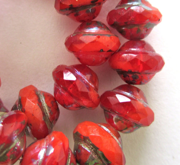 15 faceted Czech glass saturn or saucer beads - translucent red with a silver picasso finish - 8mm x 10mm - C00971