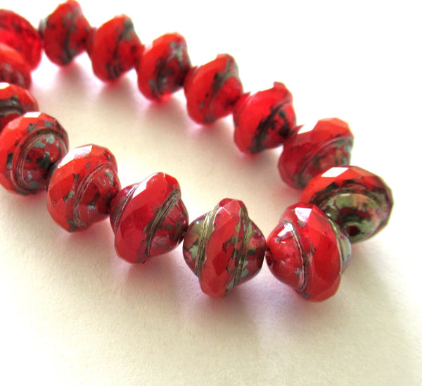 15 faceted Czech glass saturn or saucer beads - translucent red with a silver picasso finish - 8mm x 10mm - C00971