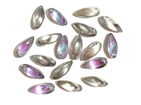 20 Czech glass twisted teardrop, petal or dagger beads - top drilled 6 x 12mm violet purple and silver pressed glass beads C0016