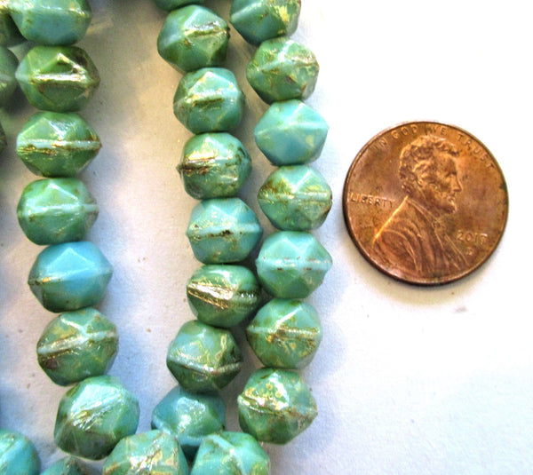 20 8mm Czech glass faceted English cut beads - turquoise blue green beads with a picasso finish - C00031