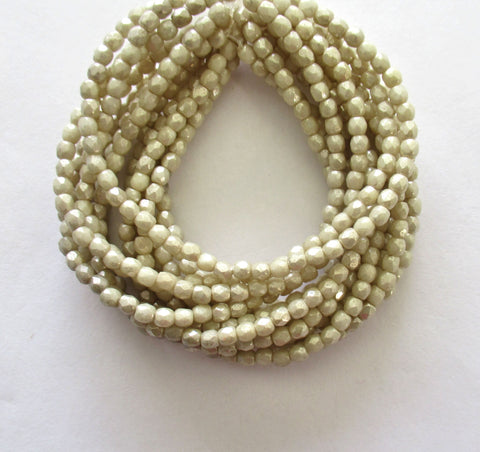 50 3mm Czech glass beads - opaque off white with a silver mercury finish - fire polished, faceted round beads C0028