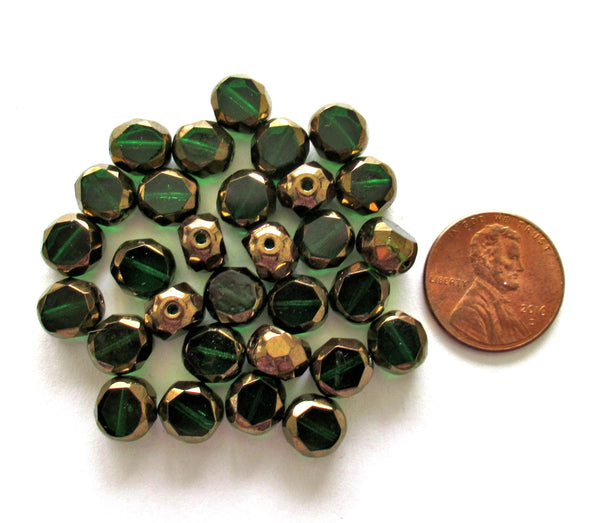 Dual faceted Czech glass beads - 8mm - emerald green with bronze accents - 2 cut - table cut - thick window beads - 10 pcs - 00051