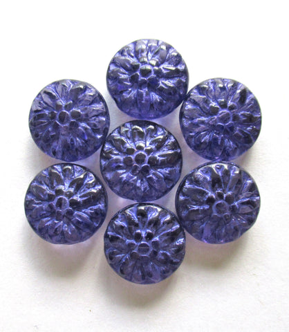 Six 14mm Czech glass Dahlia flower beads - transparent tanzanite purple beads w/ purple wash - puffy pillow coin or disc beads - C0009