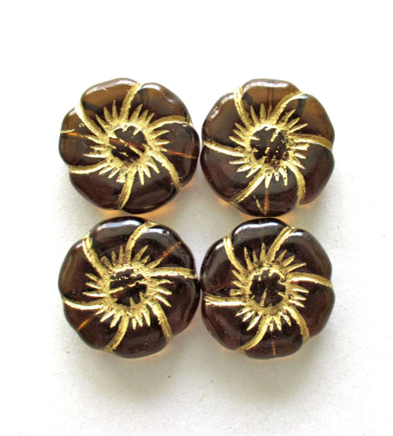 Two large 22mm Czech glass flower beads - transparent smoky topaz brown beads with gold accents - pressed focal or statement beads - 00011