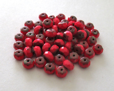Lot of 25 4 x 7mm Czech glass puffy rondelles - Opaque deep red Picasso faceted donut beads - C0049