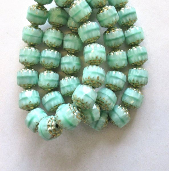 Fifteen 8mm Czech glass cathedral beads - opaque mint green silk w/ gold picasso accents - faceted fire polished antique cut beads C00522