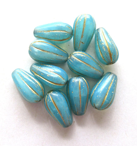 Ten Czech glass teardrop melon beads - blue opal w/ gold accents - 15 x 8mm tear drops 00851