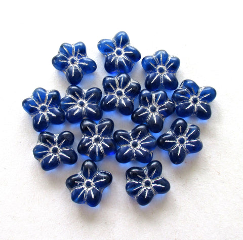 Ten Czech glass flower beads - 14 X 12mm - sapphire blue with silver accents asymmetrical pressed glass flowers - C00941