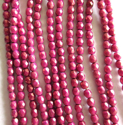 50 3mm Halo Ethereal Madder Rose pink Czech glass beads - round faceted fire polished beads - C0058