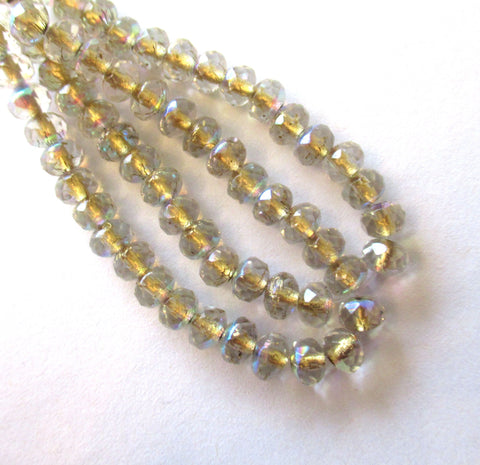 30 small puffy rondelle beads - crystal clear ab gold lined - 3mm x 5mm faceted Czech glass rondelles 00041