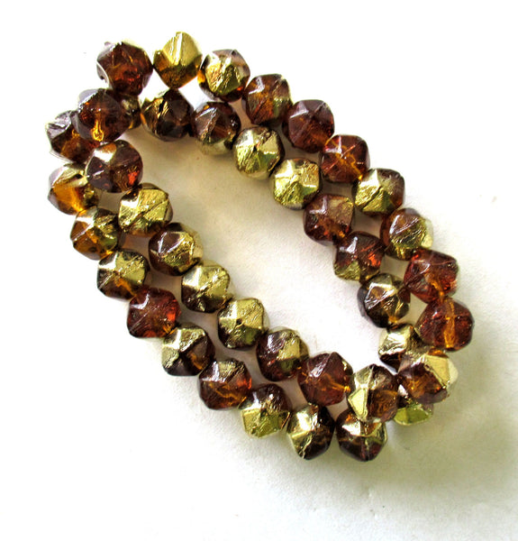 20 8mm Czech glass faceted English cut beads - topaz brown & gold beads - C00411