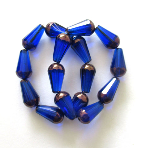 8 Czech glass faceted teardrop beads - 8 x 15mm transparent sapphire blue w/ a bronze finish on the ends - large drop beads - 00822