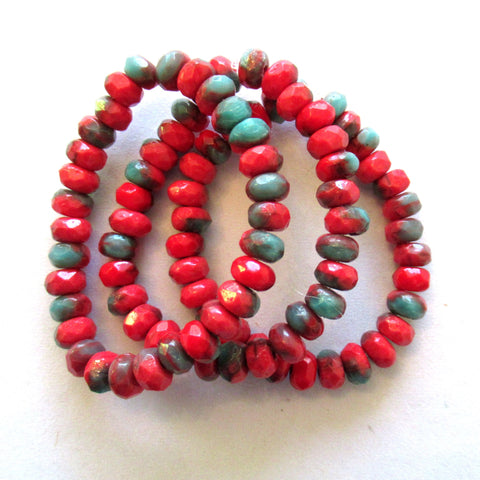 30 small Czech glass faceted puffy rondelles - 5 x 7mm opaque marbled mix of red & turquoise blue green glass rondelle beads 00531