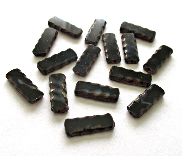 Czech glass rectangle tube beads - black picasso beads with serrated edges - long flat table cut beads - 17 x 7mm - 15 pieces - C00051