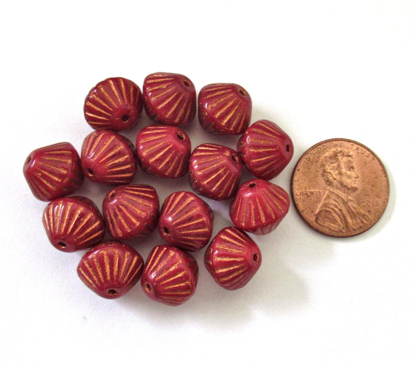 Five Czech glass bicones - 11mm x 10mm - opaque red with copper accents - carved chunky rustic bicone beads C0077