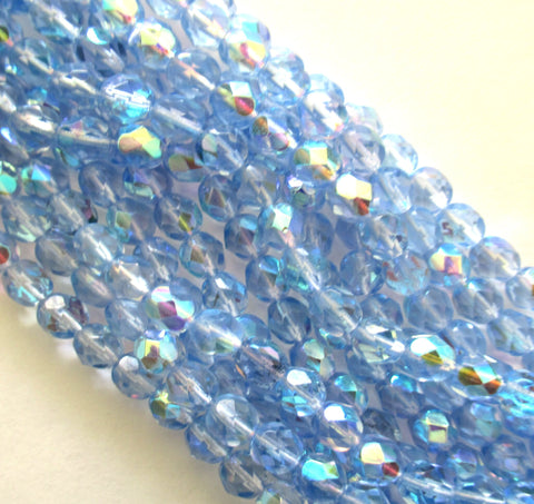 Lot of 25 6mm Czech glass beads - light sapphire blue AB fire polished faceted round beads C0074