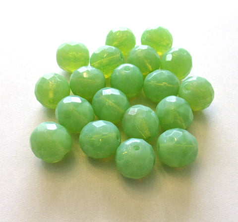 Ten 12mm Czech glass beads - milky mint green opal faceted fire polished round beads C00451