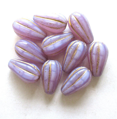 Ten Czech glass teardrop melon beads - silky lavender purple lilac opal w/ gold accents - 15 x 8mm tear drops 00851