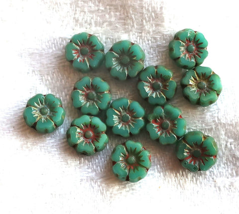 12 Czech glass flower beads - tiny 7mm table cut - carved - opaque turquoise green picasso finish Hawaiian Hibiscus floral beads C0901