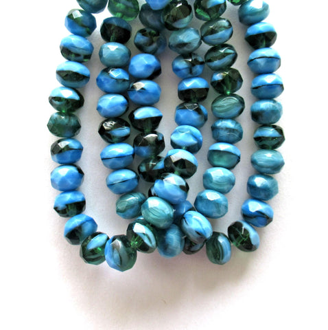 Czech glass puffy rondelle beads - 6 x 9mm - marbled opaque blue & transparent green - faceted fire polished beads - 25 pcs - C00662