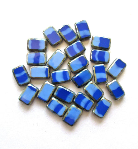 Ten Czech glass rectangle beads - 8 x 12mm - striped light and dark blue beads w/ a silver picasso finish along the edges - C00221