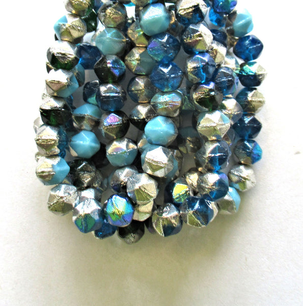 20 8mm Czech glass faceted English cut beads - opaque and transparent blue & green beads with silver accents - C00351