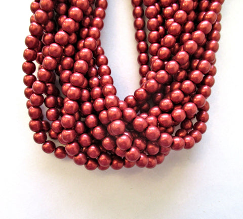 Fifty 6mm Czech glass druk beads - opaque matte metallic cranberry red smooth round druks - C0037