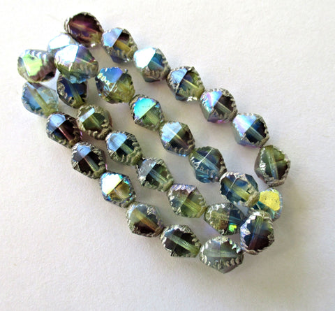 Fifteen Czech glass bicones - 10 x 8mm color mix ab w/ silver accents - table cut carved notched bicone beads - C00542