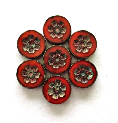 Six 16mm Czech glass flower beads - translucent rusty burnt orange / red picasso beads - thick floral coin beads - table cut carved - C00891