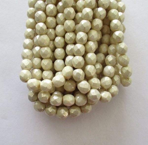 25 6mm Czech glass beads - opaque off white with a silver mercury finish - fire polished, faceted round beads C0088