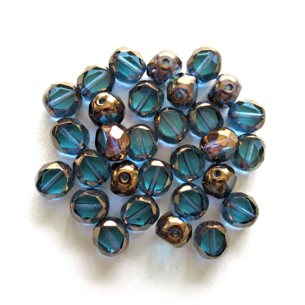 Dual faceted Czech glass beads - 8mm - blue with bronze accents - 2 cut table cut fire polished - thick window beads - 10 pcs - 0079