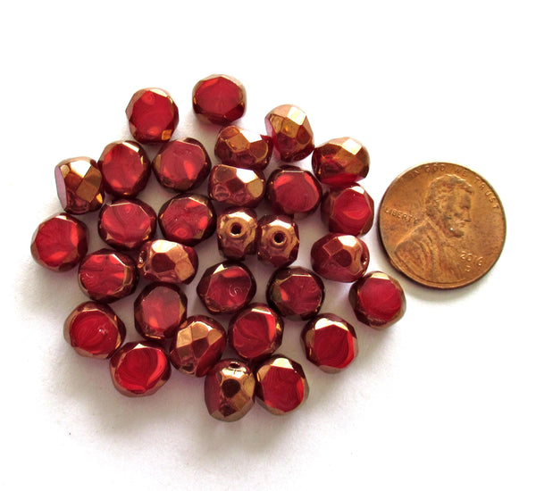 Dual faceted Czech glass beads - 8mm - marbled red silk - 2 cut table cut - thick window beads - 10 pcs - 00051