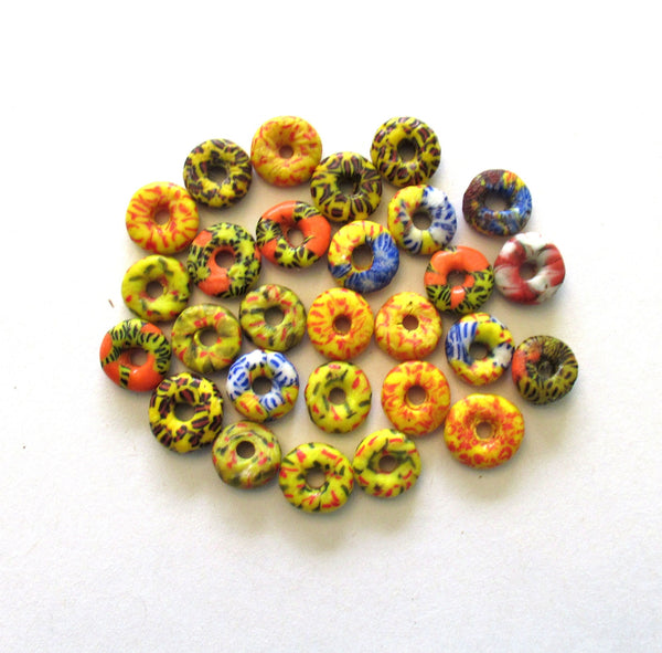 15 African recycled glass spacer beads - bright color mix - 11mm by 4mm thick - 2mm big hole, rustic, earthy beads 00521