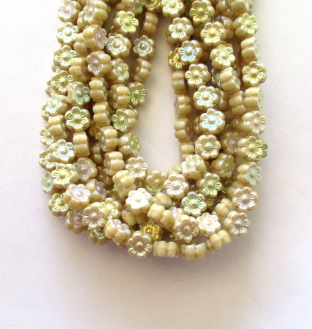 Thirty 6mm small Czech glass flower beads - opaque creamy light yellow ab beads - pressed glass flower beads - C00121