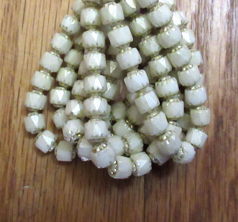 Lot of 20 6mm Czech glass cathedral beads - opaque off white w/ gold picasso accents - faceted fire polished antique cut beads C00941