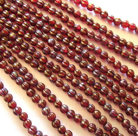 Fifty 5mm Czech glass melon beads - ruby garnet bronze iris transparent red melon beads - pressed glass beads C0026