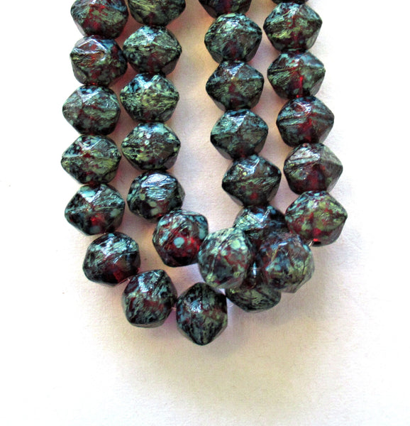 20 8mm Czech glass faceted English cut beads - garnet red with a full picasso finish - rustic earthy beads - C00111